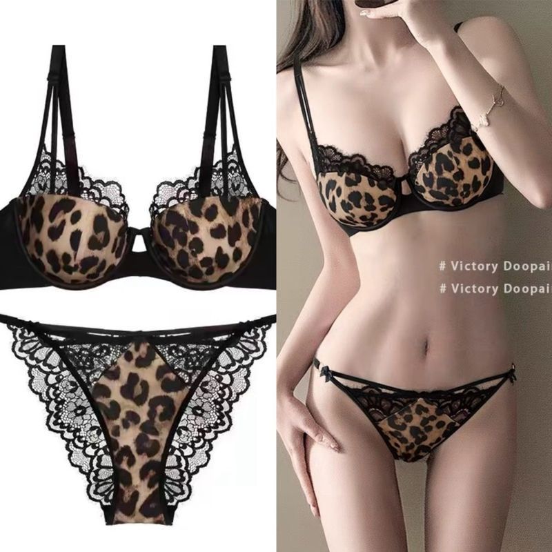 Set pakaian dalam motif macan tutul untuk wanita, bra dan celana dalam