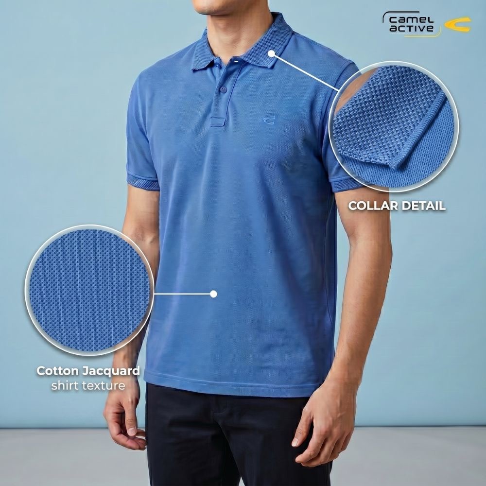 camel active Men's Royal Blue CVC Jacquard Polo Shirt