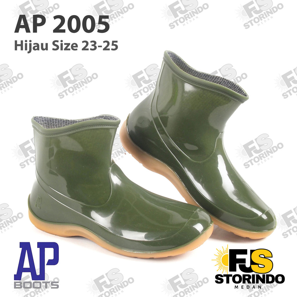 Sepatu Boot Pendek AP 2005 Hijau Glossy AP Boots Fashion Wanita Karet Anti Slip dan Air Lokal Perkeb