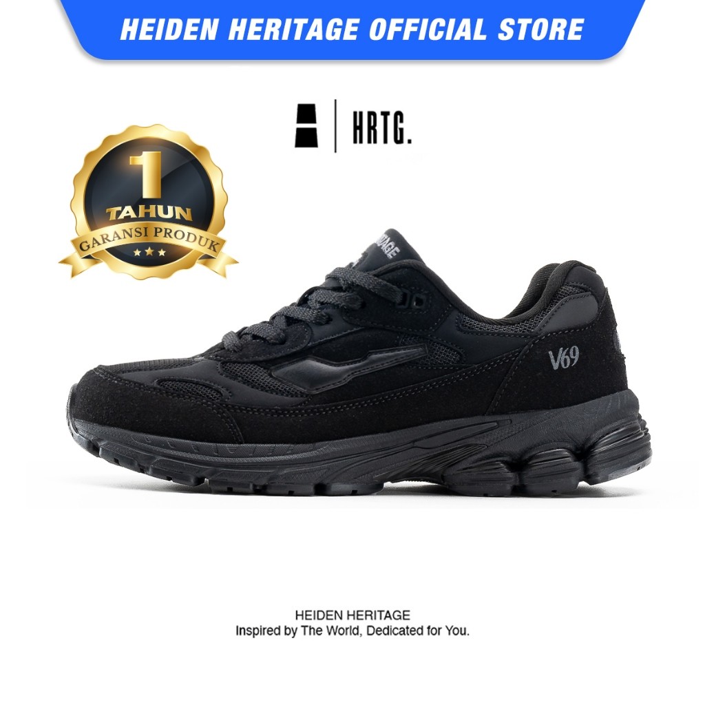 HEIDEN HERITAGE [HRTG] - HRTG V69 - FULL BLACK - Sepatu Sneakers Sekolah Casual Sport Pria Lokal Hit