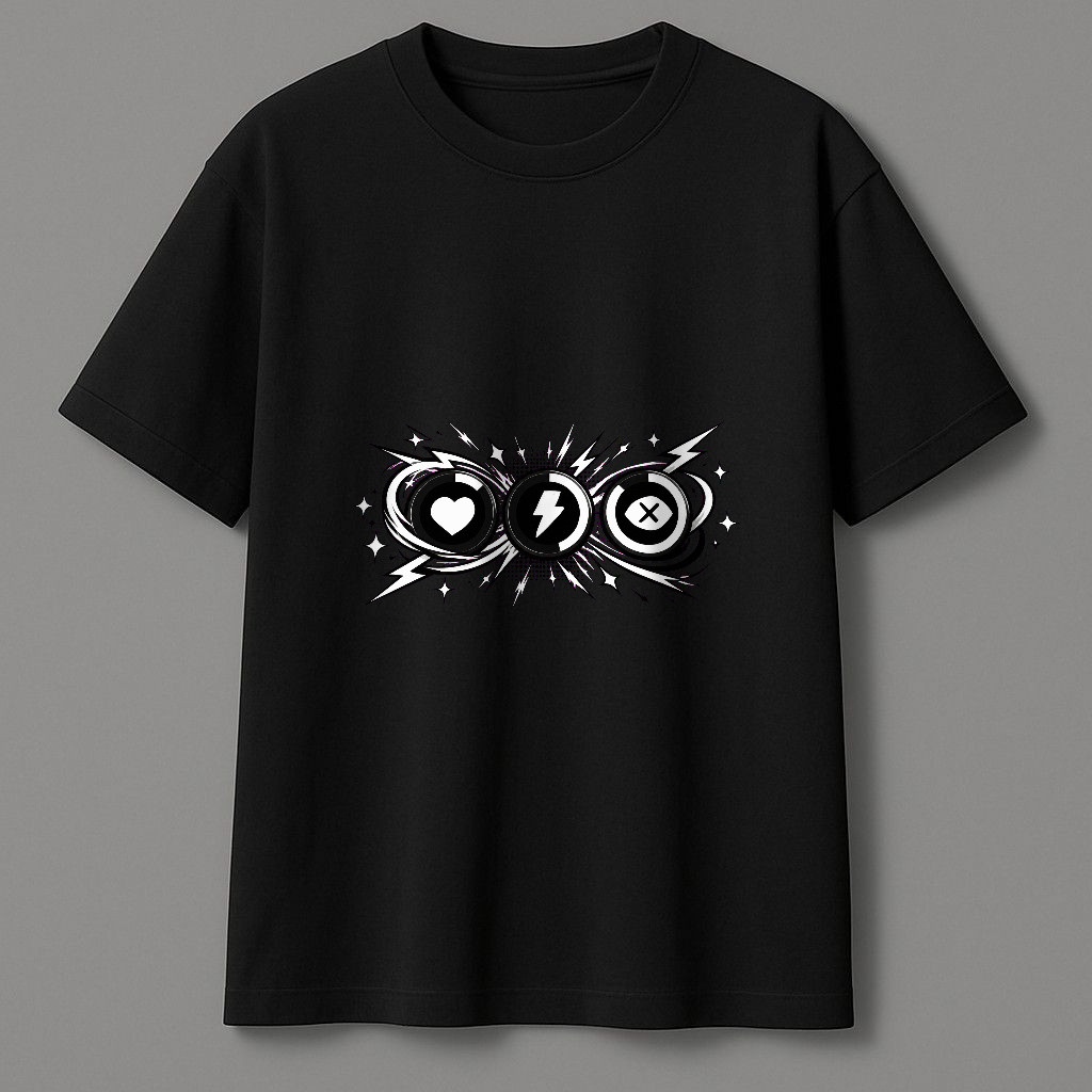 Kaos Pendek Hitam Dengan Motif Ikon Hati, Petir, Dan Simbol X Minimalis, Bahan 100% Cotton 24s, Poto