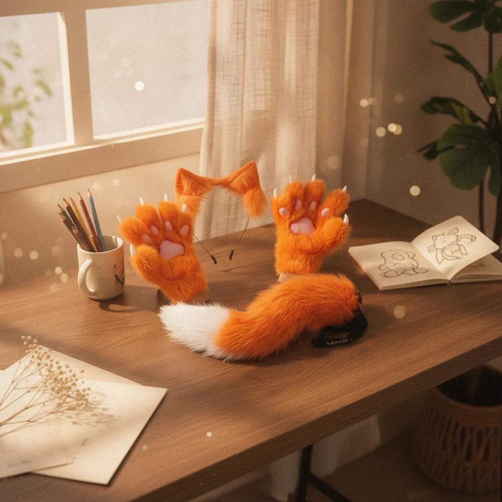 Cat Ears Tail Gloves Set Faux Faux Hair Cat Ear Headband Paw Gloves Claw Details