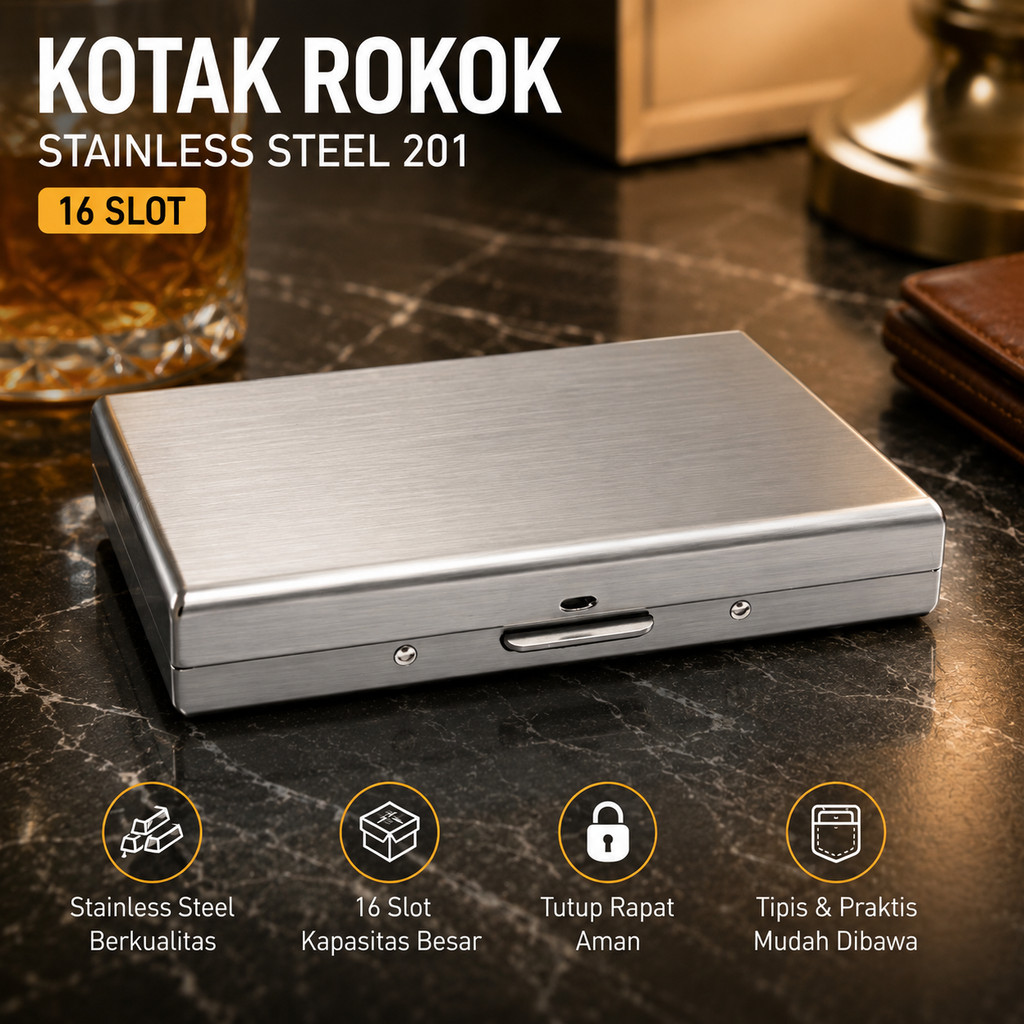 Ophone Kotak Rokok Stainless Steel 201 Cigarette Box Case 16 Slot - JD-SH200 -GG14
