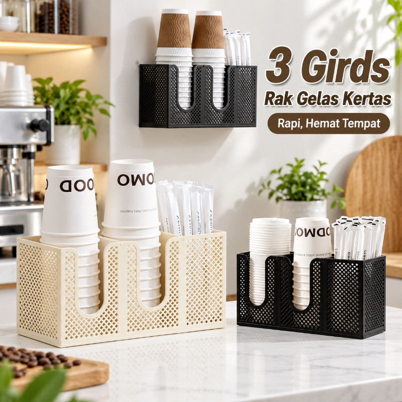 Rak Cup Holder 3 Slot Tempat Penyimpanan Gelas Rak Gelas Kertas Rak Organizer Cafe Gelas Rak Dinding
