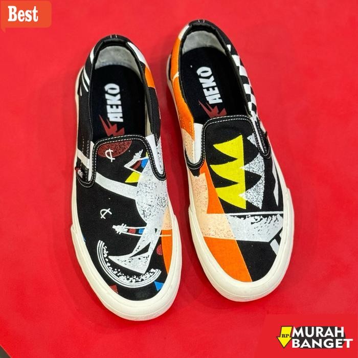 Sneakers Aeko Slip On Nano Black White - Sepatu Motif Pria wanita ORIGINAL - Slip On Nano Black, 36