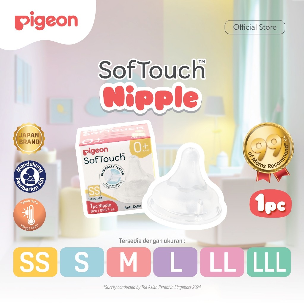 PIGEON SofTouch Nipple Dot Wide Neck - 1pc Box | Pilih Size | Dot Seperti Payudara Ibu | Elastis & L