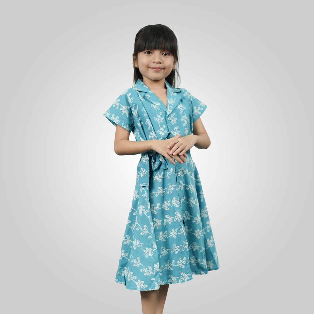 BATIK TRUSMI Dress Batik Anak Perempuan Batik Cap Motif Mega Mendung Cinderela Biru IK