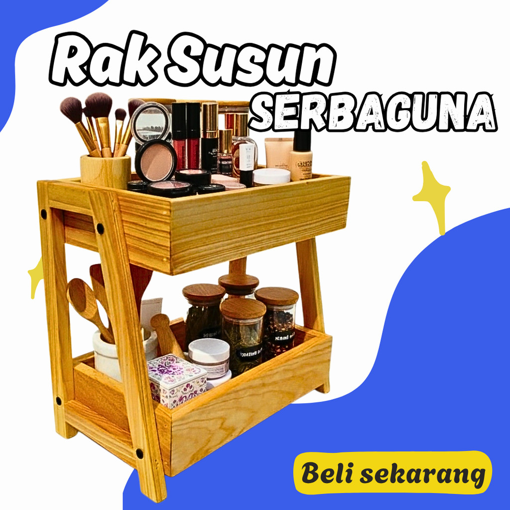 Rak Kayu Serbaguna Susun 2 Rak Skincare Rak Perkakas Minimalis
