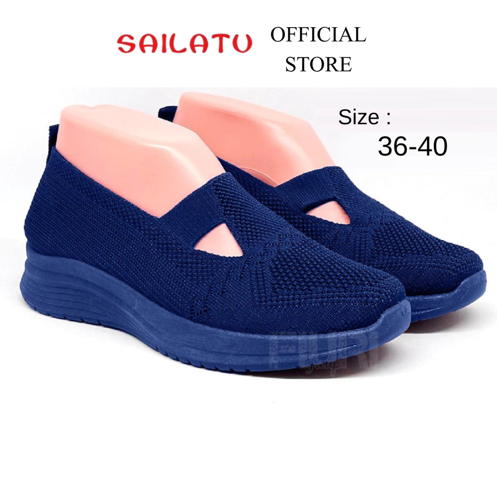 Sailatu - Selop Tali 36-40 - Sepatu Knit Rajut Casual Sekolah Kuliah Kerja Wanita - Navy