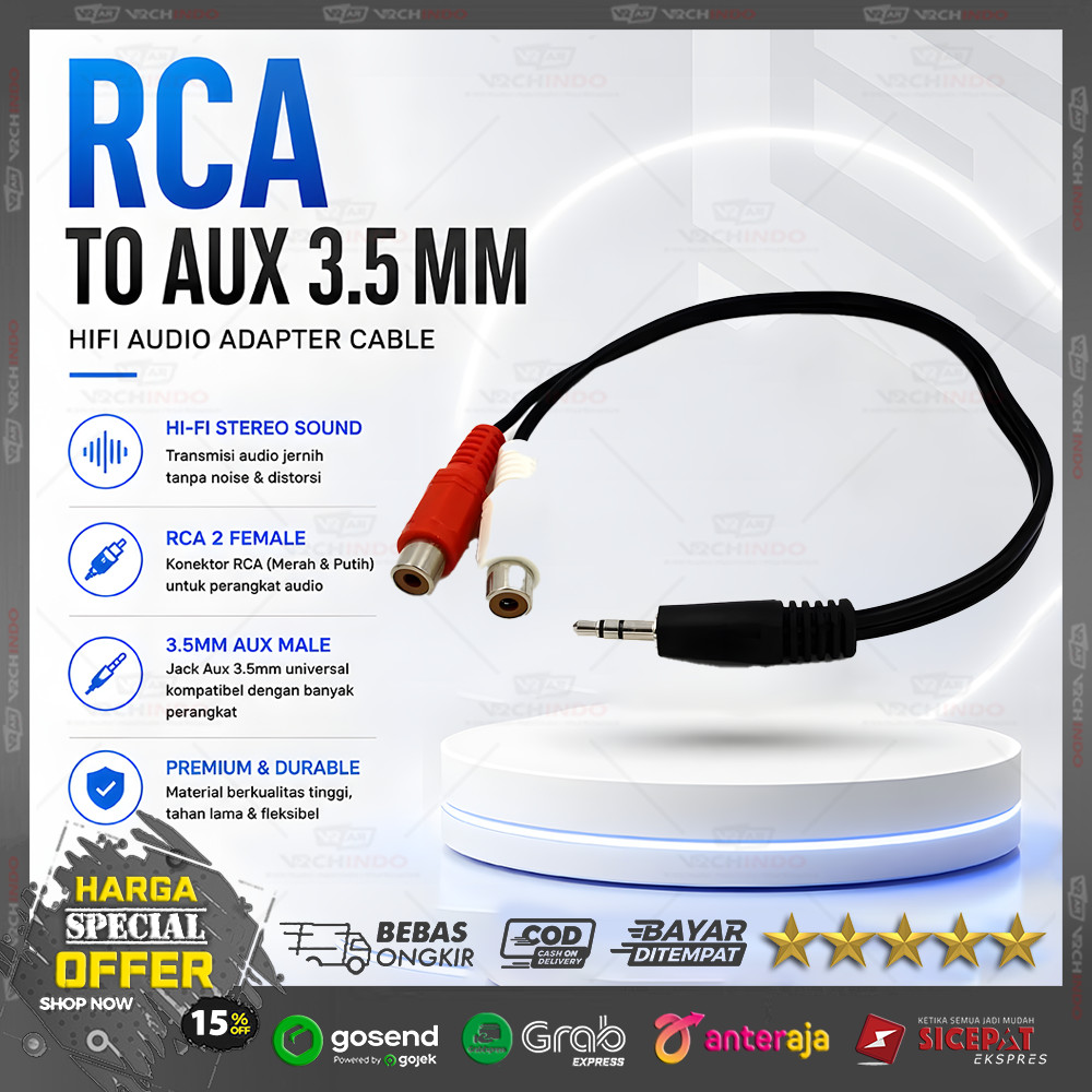 Kabel Converter RCA to AUX Female / Audio Jack Adapter | Output DVD TV ke HP & Speaker | Plug & Play