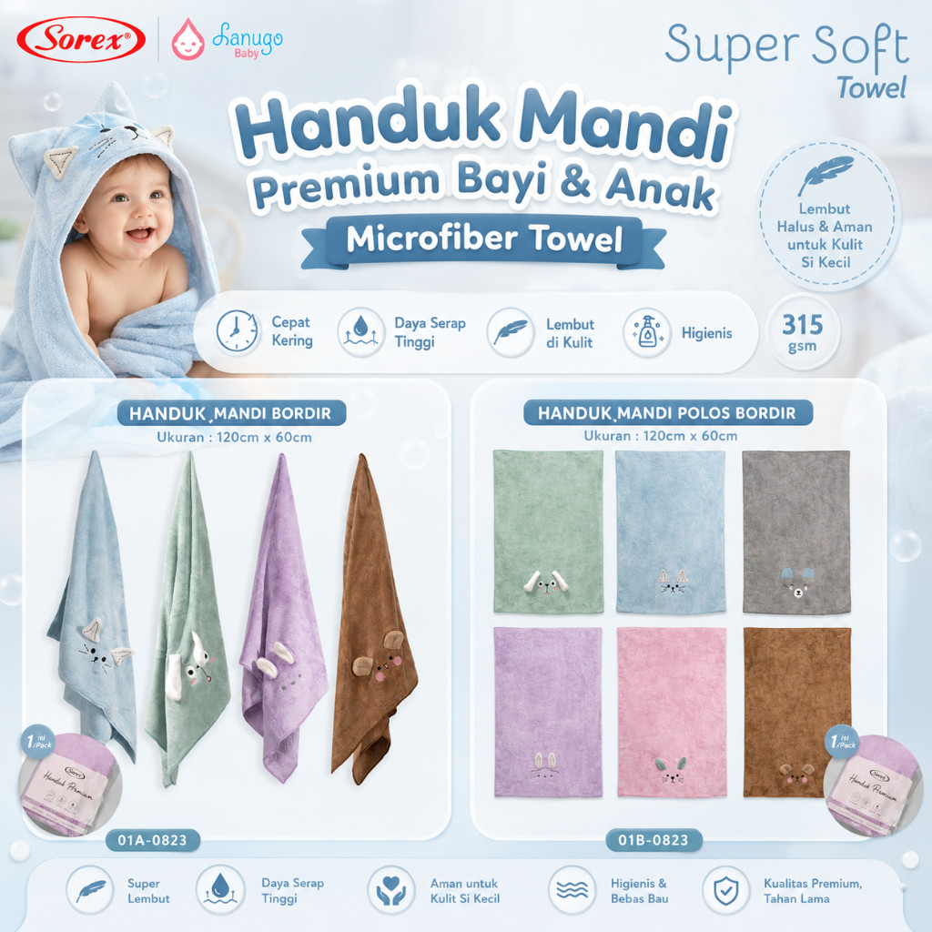 Sorex Handuk Bayi Sorex Handuk Mandi Premium Anak / Dewasa Microfiber Towel Lembut Halus Daya Serap 