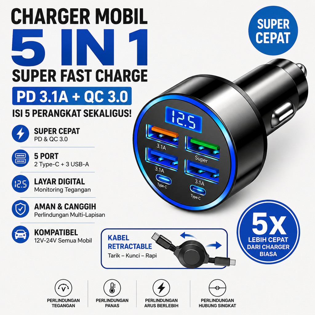 [DISPLAY DIGITAL/READY STOCK]/Car Charger Super Fast Charging 5 In 1/Charger Mobil Kabel Tarik Retra