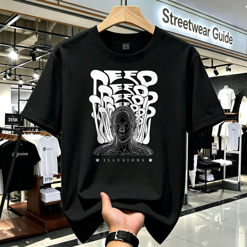Kaos Oversize Distro Unisex Hitam Motif Ilusi Wajah Line Art Vintage Retro Streetwear