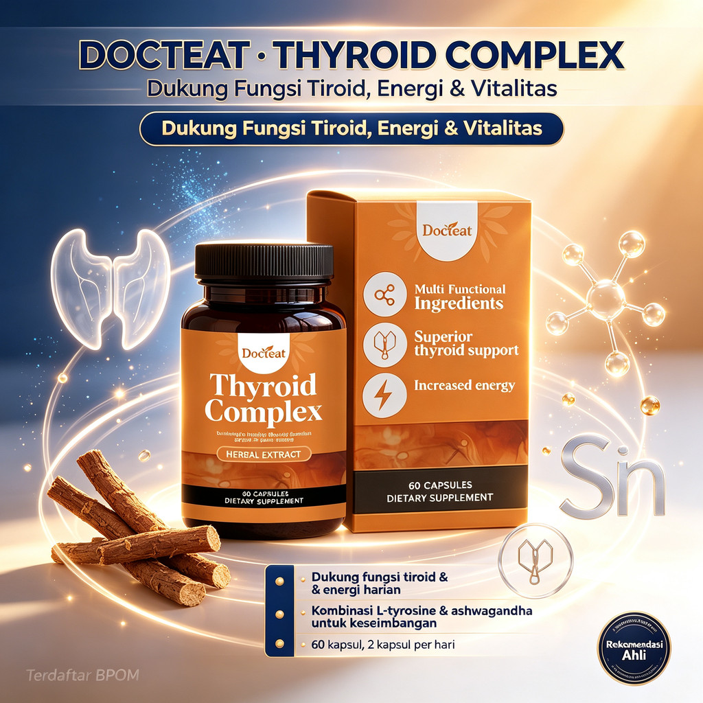 Docteat Thyroid Complex 60 Kapsul, L-Tyrosine & Ashwagandha untuk Dukung Fungsi Tiroid, Energi & Vit
