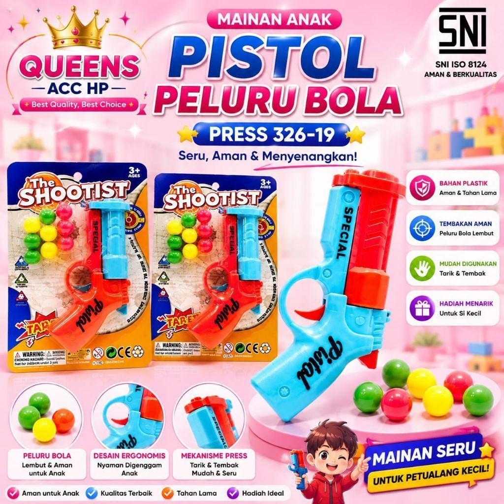 MAINAN ANAK PISTOL PELURU BOLA PRESS 326-19/PISTOL PELURU BOLA PLASTIK SNI