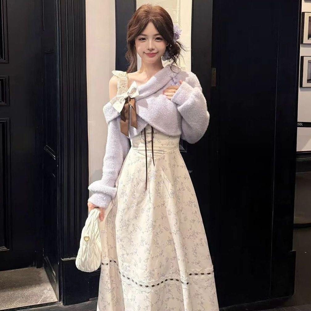 Crunchy Brulee Setelan Wanita 2 Piece Floral Maxi Dress Spaghetti Strap Dress Knit Cardigan Sweet Ga