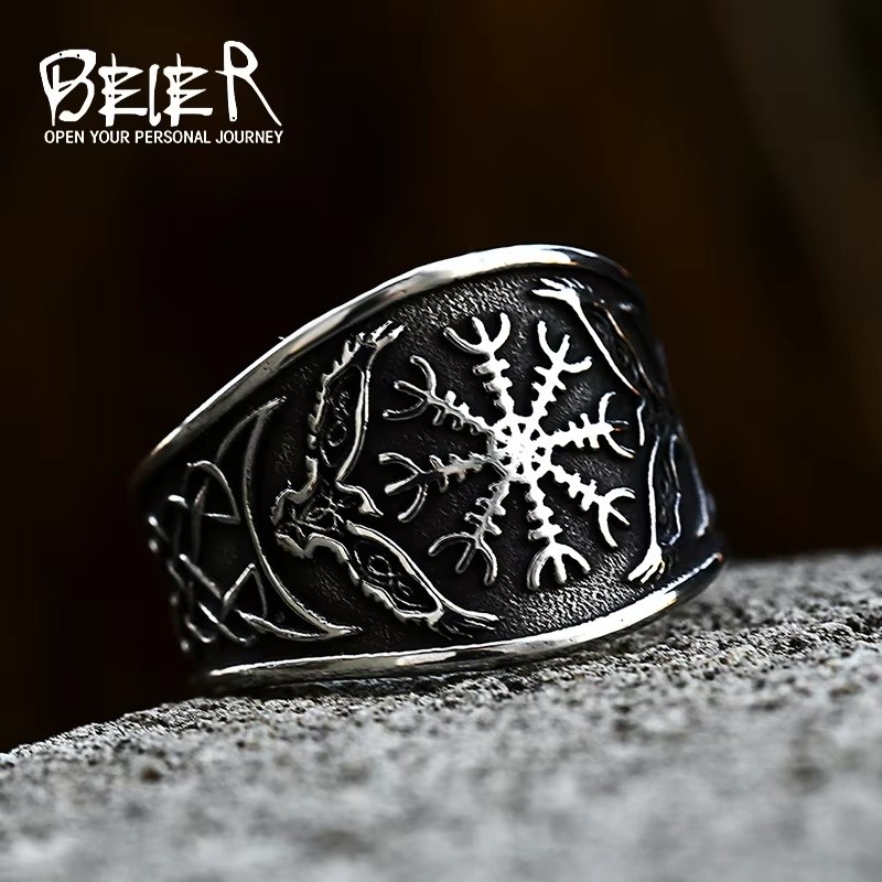 Cincin pria viking dari baja tahan karat Beier 316L, amulet Norse, amulet Pagan Odin, amulet Vegvisi