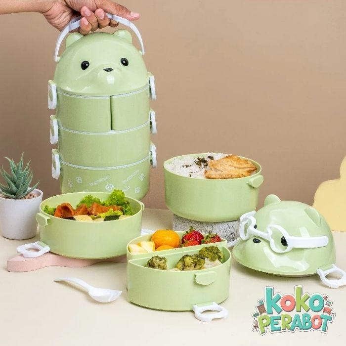 Promo RANTANG PANDA Sekat Susun 3 & Susun 4 bonus Sendok Makan Plastik / Lunch Box Beruang - Rantang