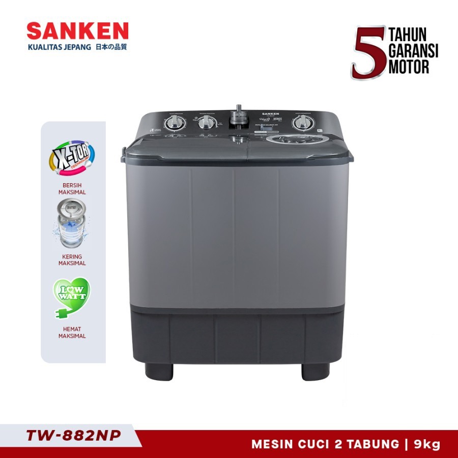MS Sanken Mesin Cuci 2 Tabung TW-882NP 9Kg Hitam