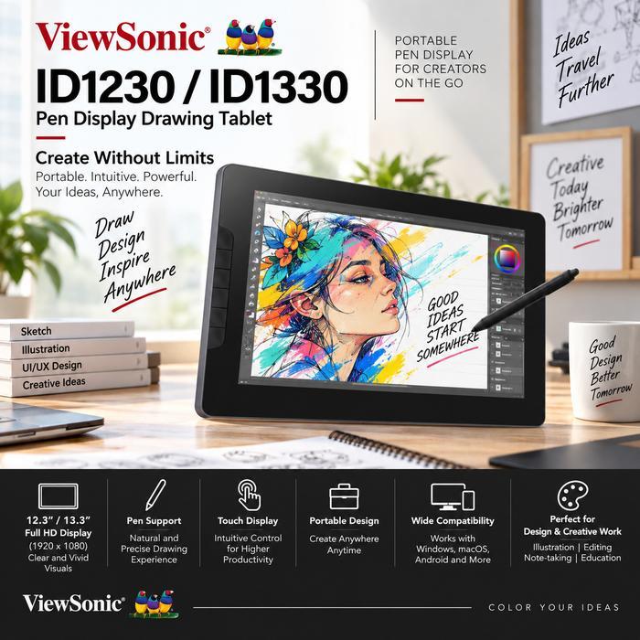 Monitor Portable ViewSonic ID1230 ID1330 Drawing Graphic Tablet Pen Display  Desain Portable Layar S