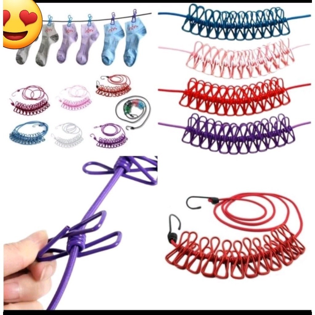 Tali Jepitan Jemuran Pakaian 12 Jepit Portable Bahan Kawat Besi / Tali Jemur / Tali Jemuran / Jepita