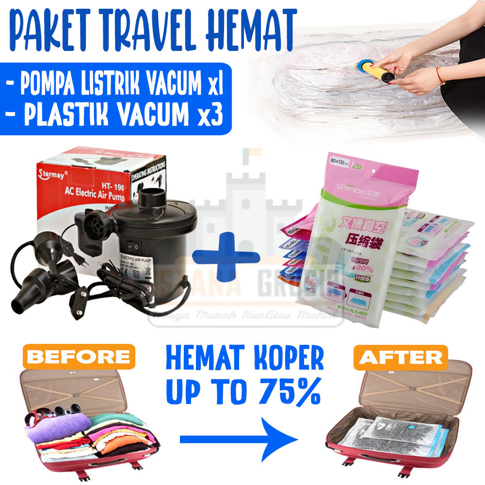 (PAKET HEMAT) Pompa Listrik + Vacum Bag 3 Pcs Plastik Vacum Pakaian Vacuum Bag Plastic Travel / Tas 