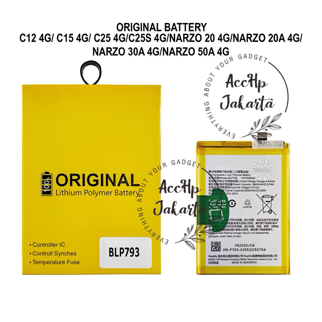 Baterai Batre Realme C12 C15 C25 C25S Narzo 20 Narzo 20A Narzo 30A Narzo 50A BLP 793 Original 100% B