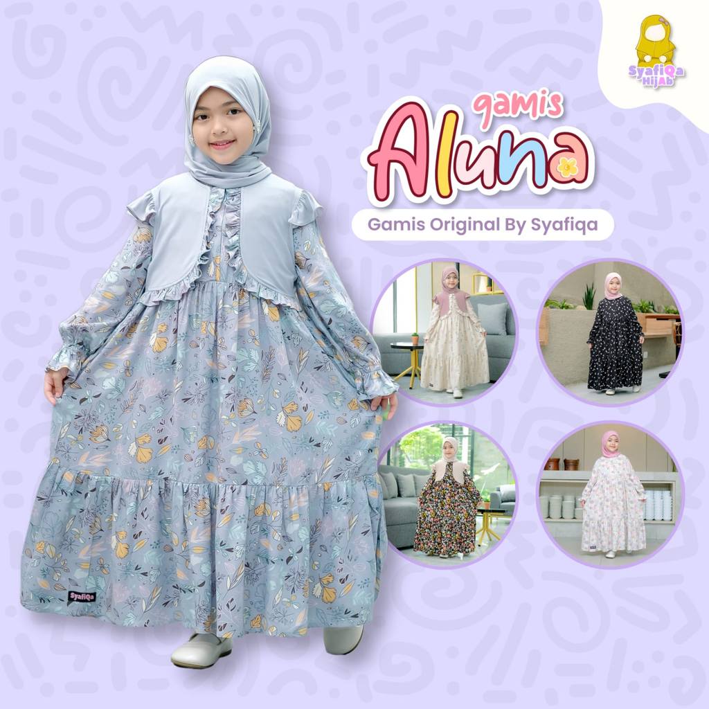 Syafiqa Hijab | Aluna Gamis Rayon Anak Perempuan Satu Set Dengan Hijab Outer Lepas Pasang Korean Sty
