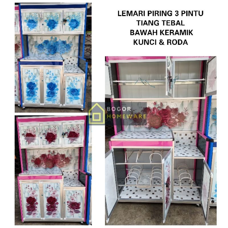 (KHUSUS BOGOR) LEMARI / RAK PIRING KACA KERAMIK 3 PINTU PRINTING SUPER PLUS RODA DAN KUNCI