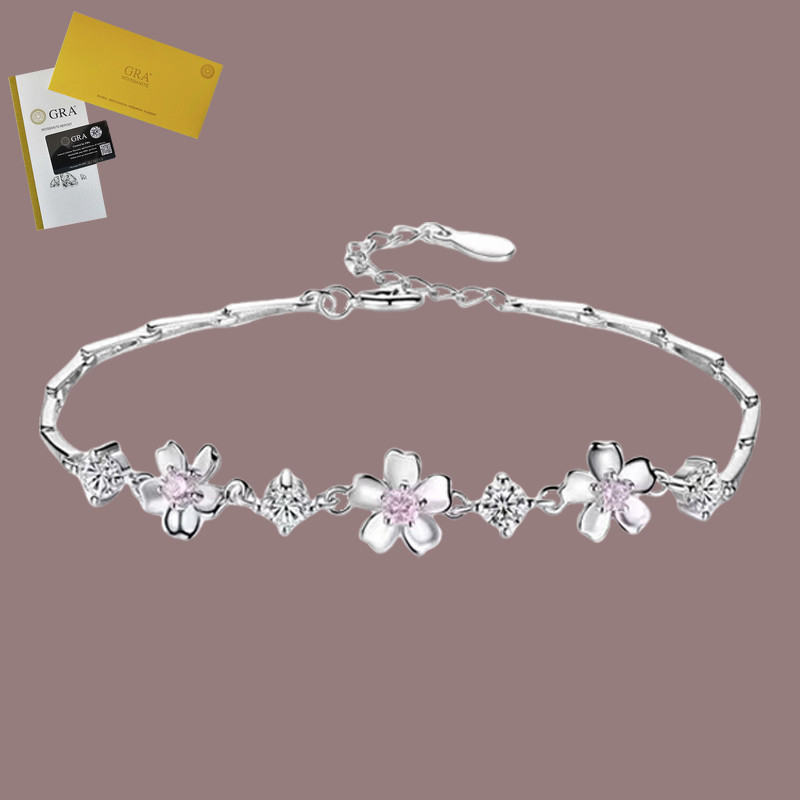 Termasuk Sertifikat GRA Gelang Bunga Persik Moissanite Pink untuk Wanita Perhiasan Lapisan Emas Plat