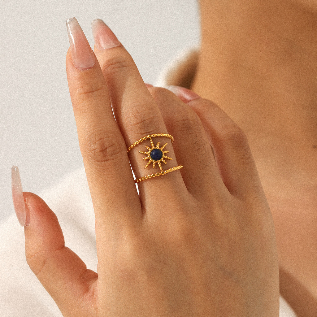 Cincin Terbuka Stainless Steel Lapis Lazuli Alami