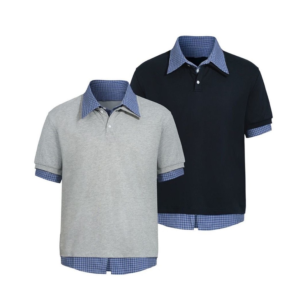 Gaya baru kotak-kotak palsu dua potong POLO Kemeja Lengan Pendek Pria