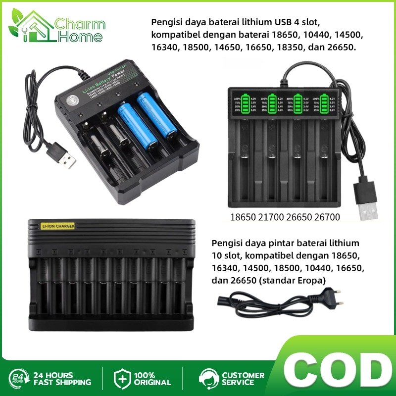 Fast Charger Li-ion 18650 21700 26650 14500 16340 18500 10440 4/10 Slot USB AC / Mahonipoint Smart I