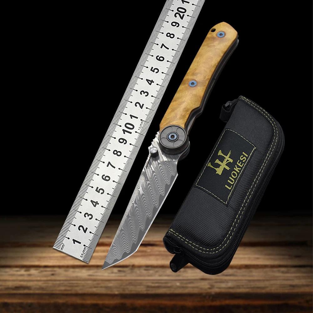 VG10 Damascus Steel Camphor Wood Handle Folding  With Back Clip Outdoor Camping Fishing Portable Too