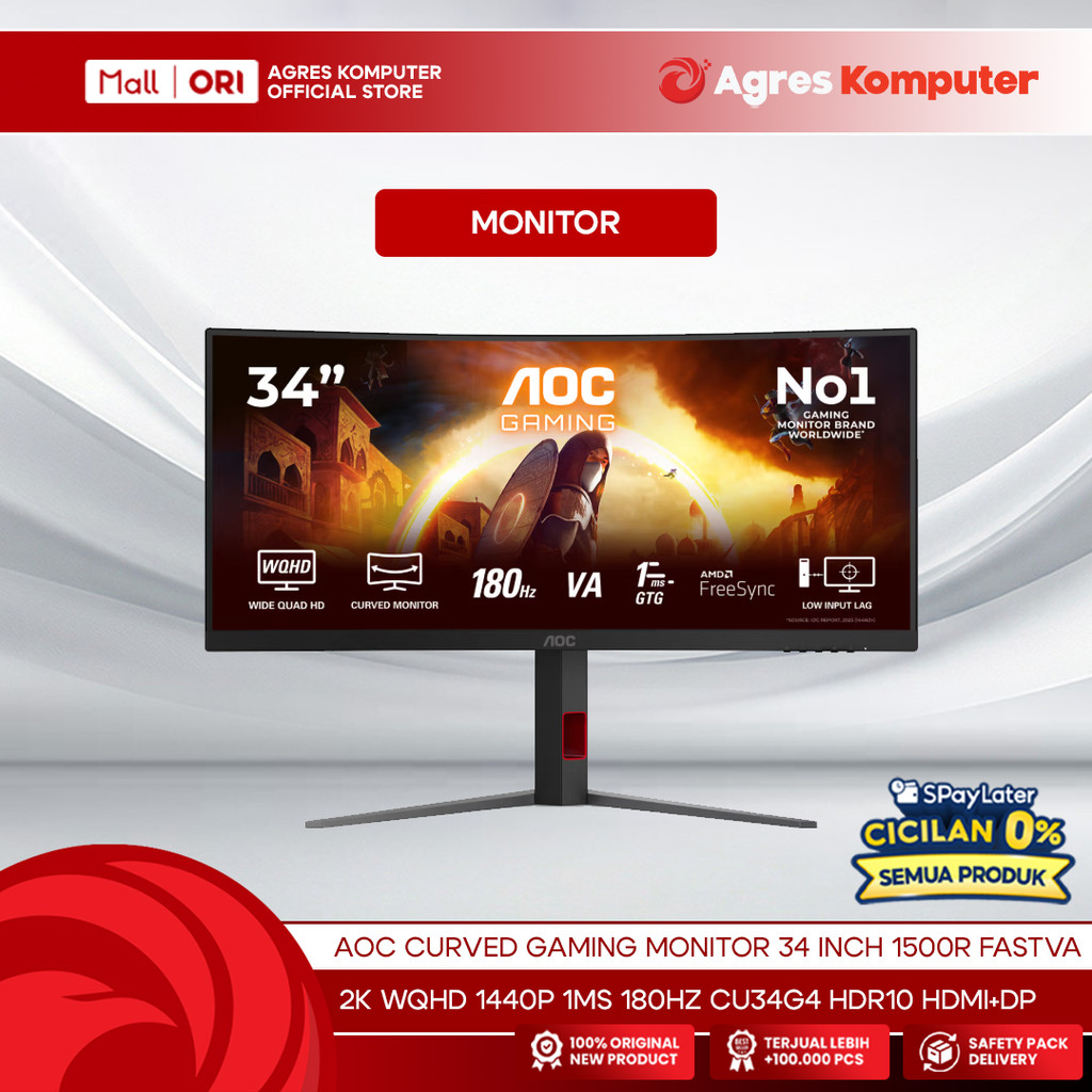 AOC CURVED GAMING MONITOR 34 INCH 1500R FAST VA 2K WQHD 1440P 1MS 180HZ CU34G4 HDR10 HDMI+DP 3Y ERGO