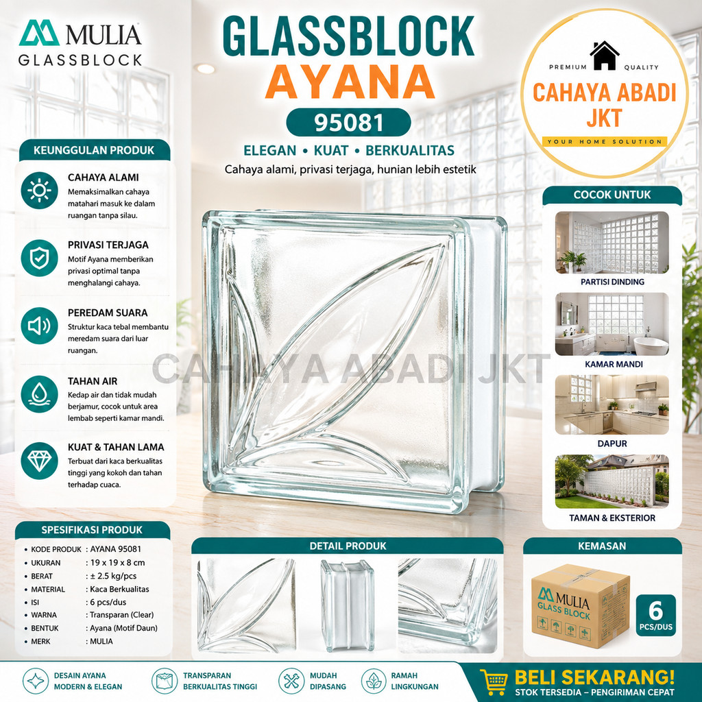 Glass Block Mulia Ayana 95081 Original | Glassblok Kaca Transparan Motif Daun 19x19x95 cm Isi 6 Pcs/