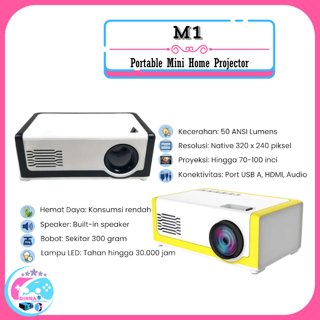 M1 - Portable Mini Home Projector - Proyektor Mini Portabel - Free HDMi Cable untuk Laptop/PC/DVD Pl