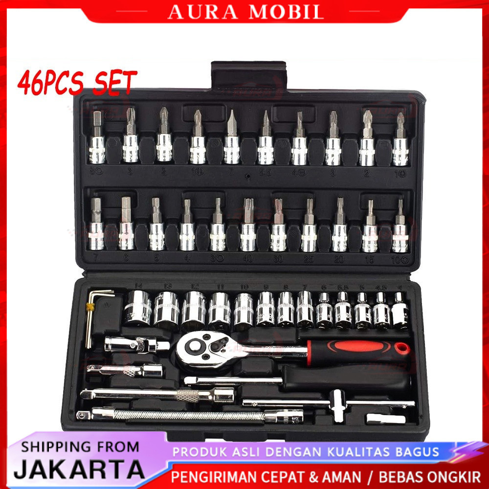kunci 1set lengkap 46 Pcs kunci shock set 1/4” Kunci Sok Socket Wrench Pas socket Set Mobil Motor Le