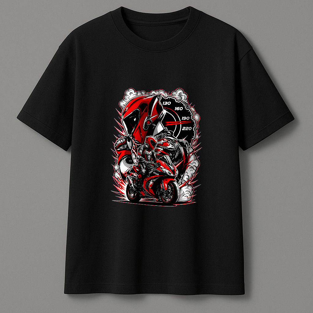 Kaos Pendek Motif Pembalap Motor Sport Dengan Helm Merah Dan Speedometer, Bahan 100% Cotton 24s, Mod