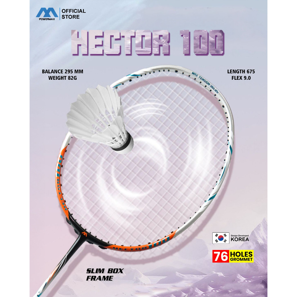 ReadyPOWERMAX Raket Badminton Hector 100 Full Carbon Frame Bulutangkis Ringan 5U 36 Lbs Flex All Aro