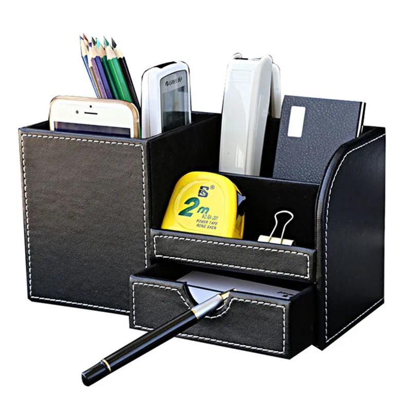 PU Leather Desktop Pen Holder Stationery Holder Pencil Cosmetics Organizer for Desk Office School St
