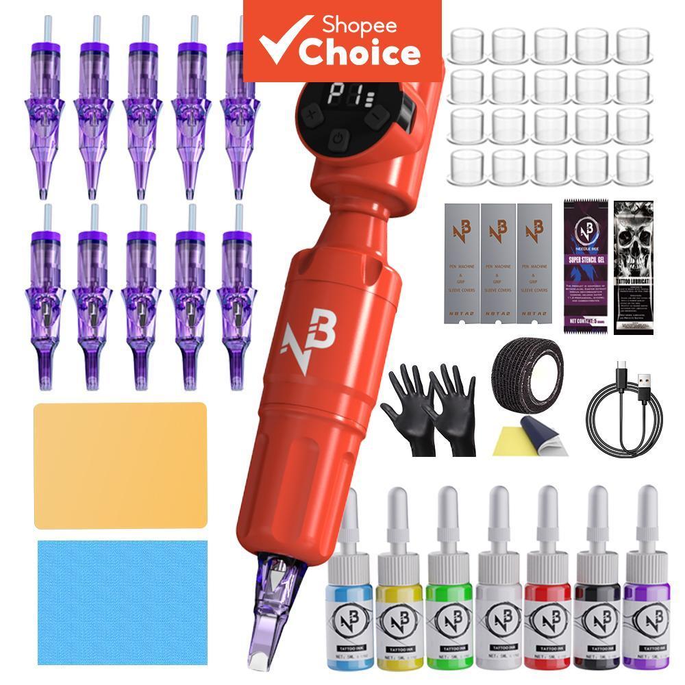 Pena Tato Rotary Nirkabel Kit Lengkap untuk Pemula dengan 7 Warna Tinta Tato, 10 Buah Jarum Cartridg