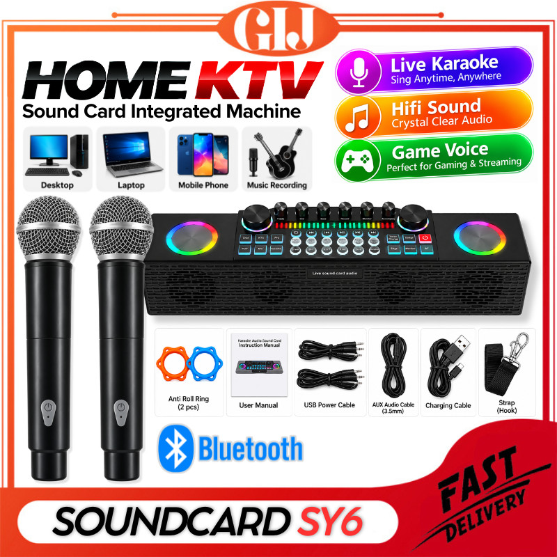 Live Soundcard Sound Card SY6 / Soundcard Bluetooth Speaker All-in-One + Two Wireless Microphone