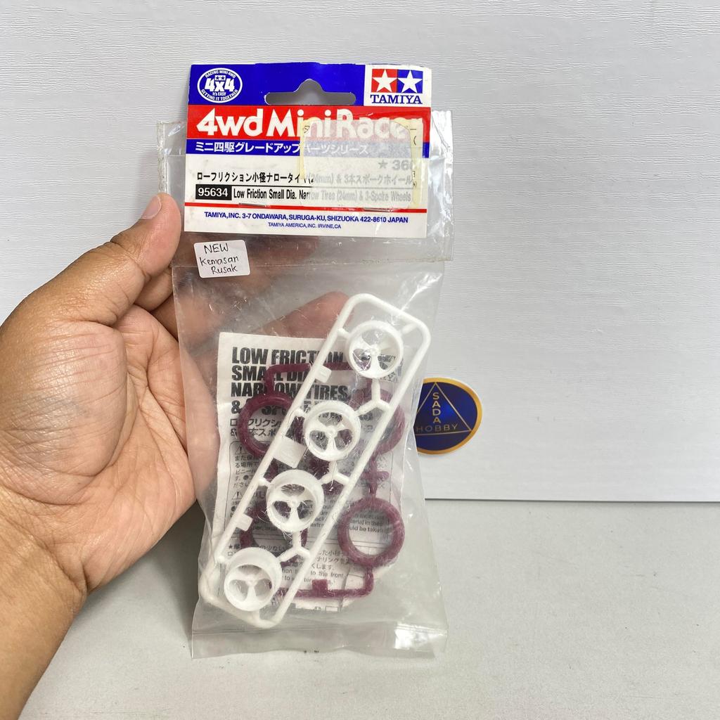 Tamiya 95634 Low Friction Maroon Small Dia Narrow Tires 24mm & 3 Spoke Wheels KEMASAN JELEK