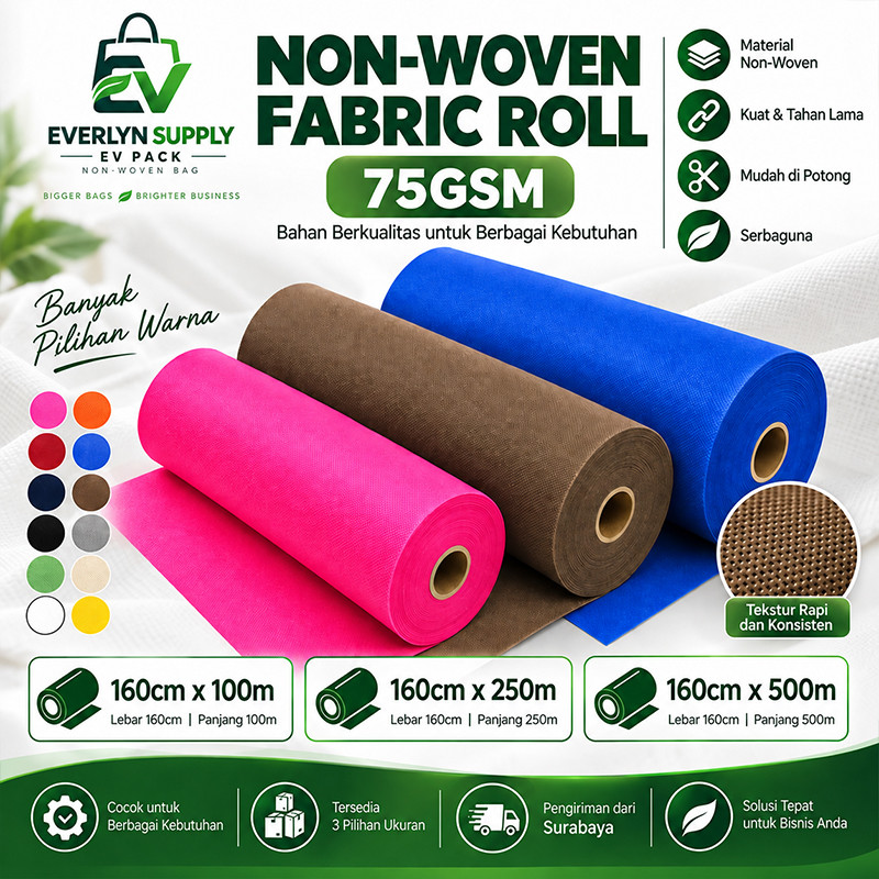 EV PACK-Kain Non Woven Roll 75 GSM Lebar 160cm Bahan Spunbond 100m 250m 500m Aneka Warna