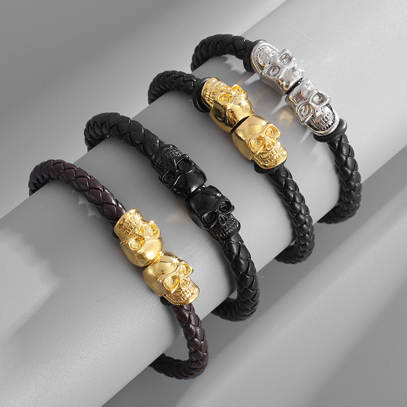 Gelang Kepala Hantu Kulit Sapi Pria Gaya Punk Gelang Tengkorak Premium