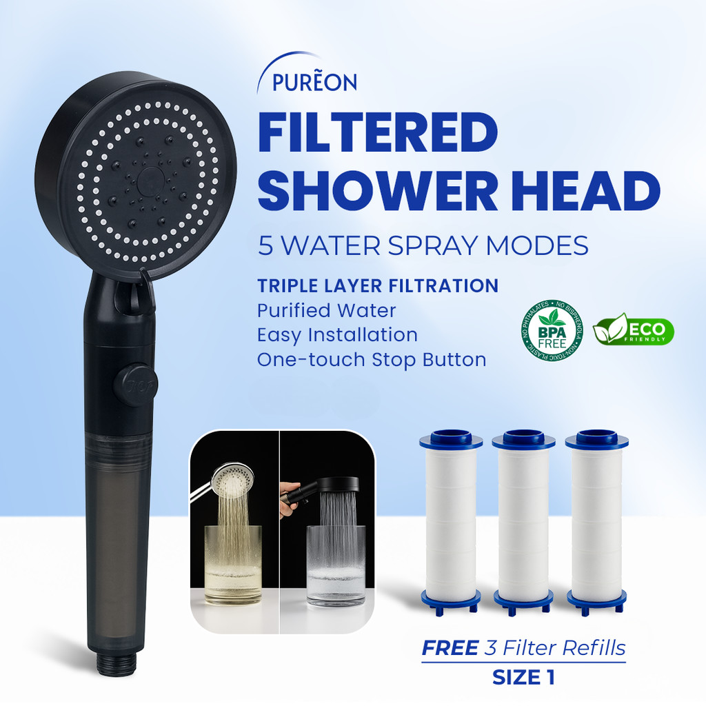 [ Free 1+3 Refills ] PURẼON Filtered Shower Head 5 Mode Semprotan | Kepala Shower Filter Air | Filte
