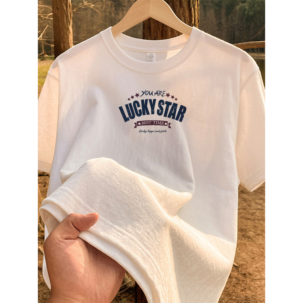 [Outlets 24S Katun 100%]Kaos Oblong Dengan Cetakan "You Are Lucky Star" Atasan Trendy Pakaian Berkua