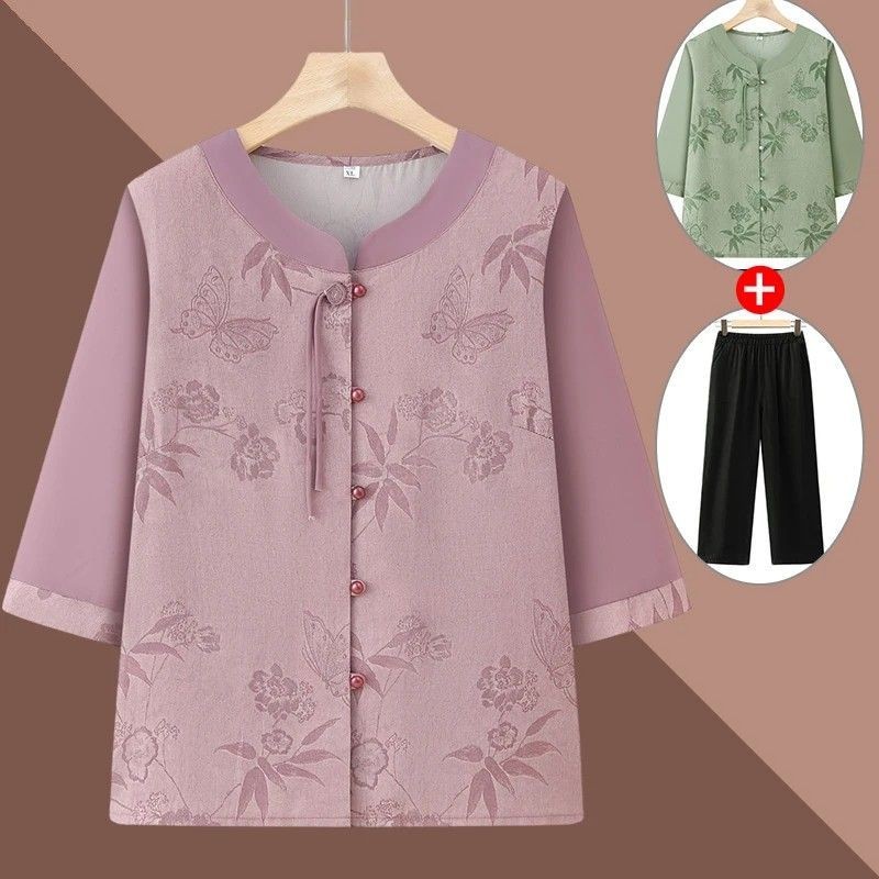 Nenek Pakaian Musim Panas Ibu Tua Pertengahan Tua Sepatuh Wanita Pakaian Kaos Top Pakaian Wanita