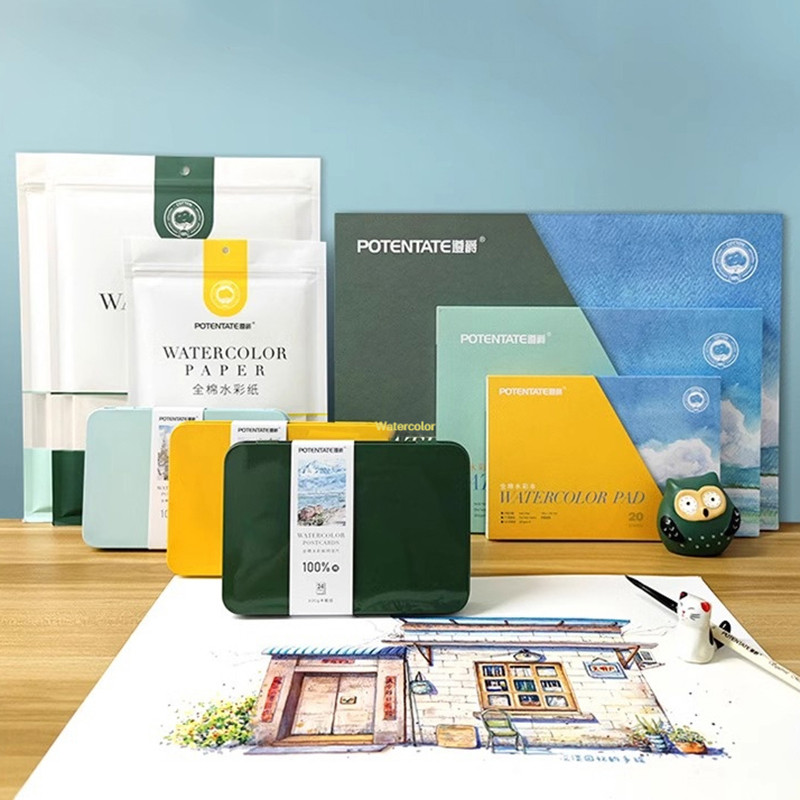 POTENTATE Watercolor Book Artist-grade Cotton Rough-grained Watercolor Paper 300g Postcard Tin Box T